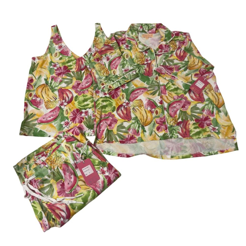P.J. Salvage 3-Piece Tropical Fruit‎ Print Pajama Set Tank Button-Up Top Pants S